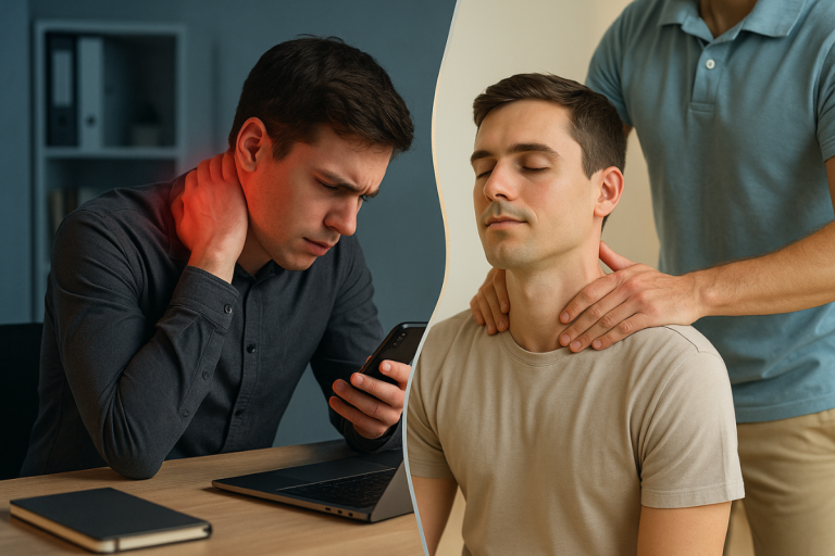 Man touching neck in pain and physiotherapist providing neck pain treatment