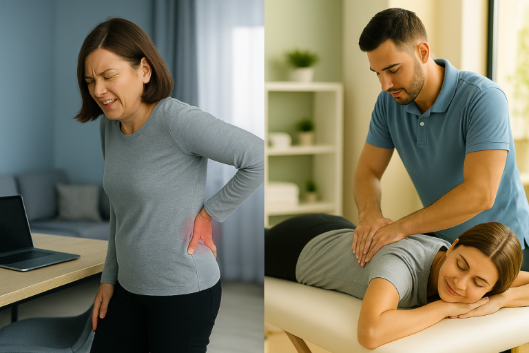 Sciatica treatment session and woman holding her lower back in pain