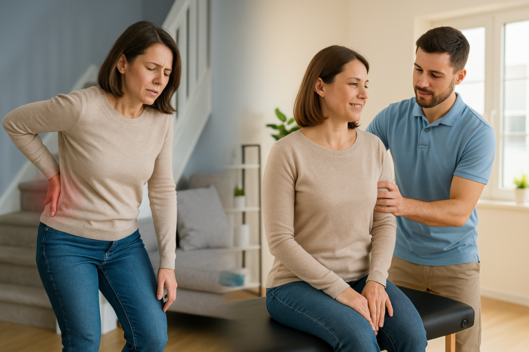 Chartered physiotherapist providing treatment and woman experiencing back pain