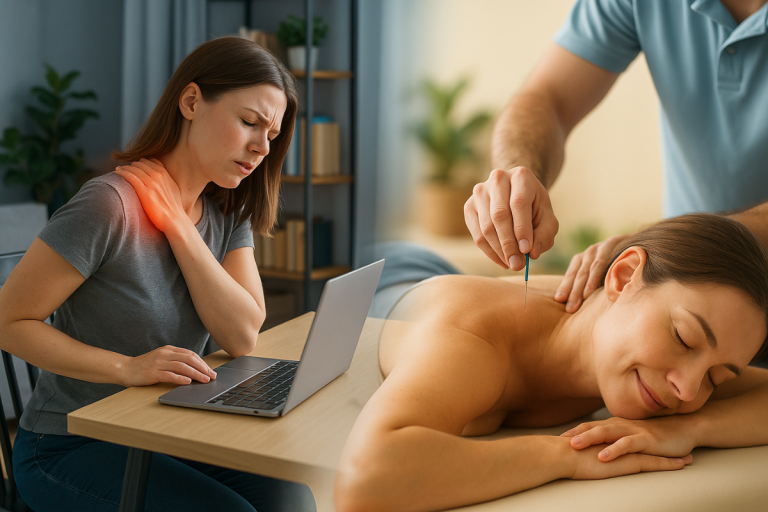 Dry needling therapy session and professional working on a laptop