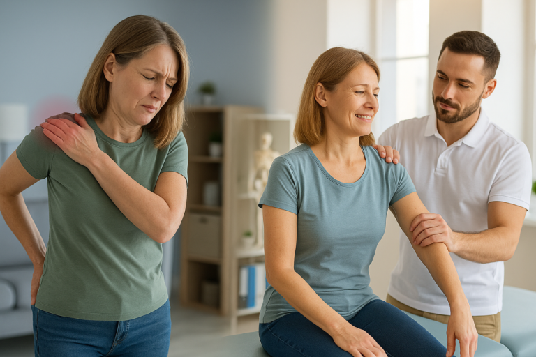 "Frozen shoulder treatment session and woman holding shoulder in pain
