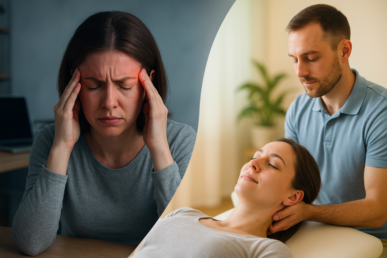 Headache relief treatment session and woman holding her head in pain in Dundalk