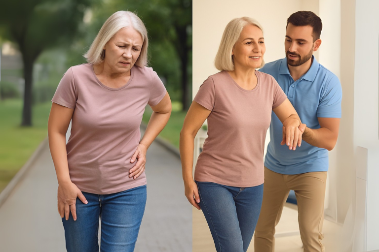 Hip replacement rehabilitation session and woman holding hip in pain