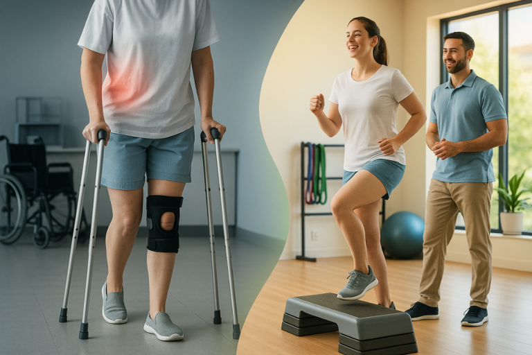 Physiotherapist assisting a patient with knee surgery rehabilitation exercises