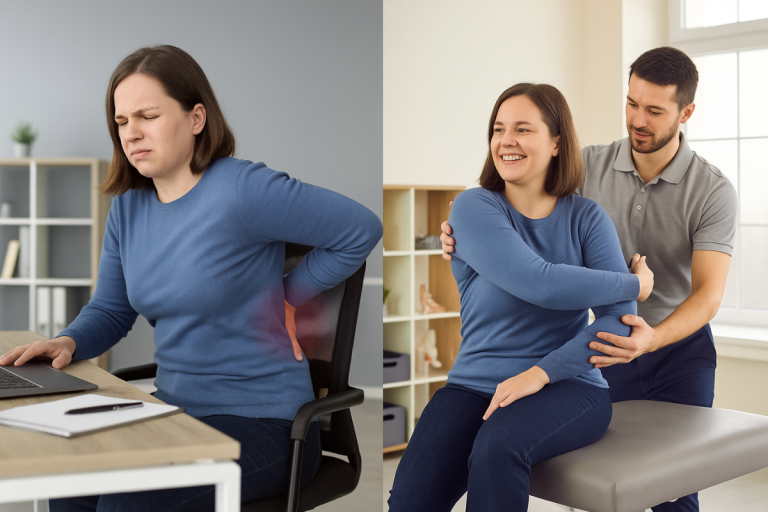 Physiotherapy treatment session and woman holding lower back in pain