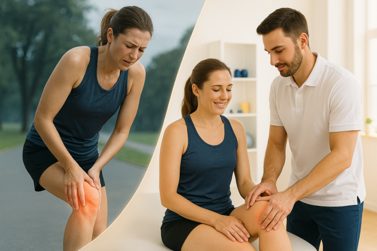 Runner receiving knee pain treatment and a woman runner experiencing knee discomfort