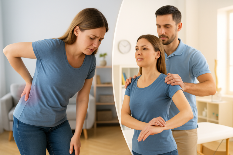 Slipped disc treatment session and woman holding her back in pain