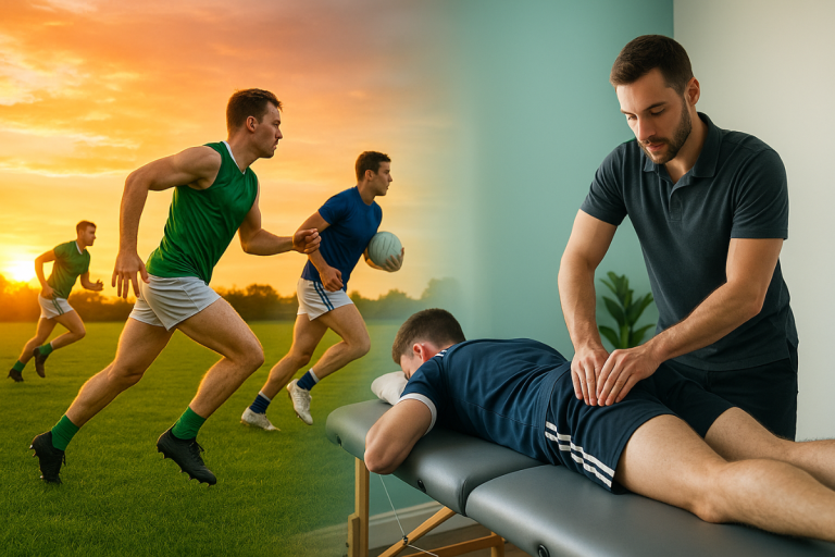 Sports massage therapy session and men running on a field