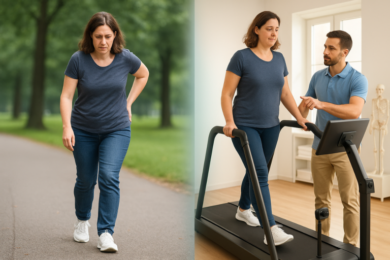 Person undergoing gait analysis with a physiotherapist observing walking or running pattern